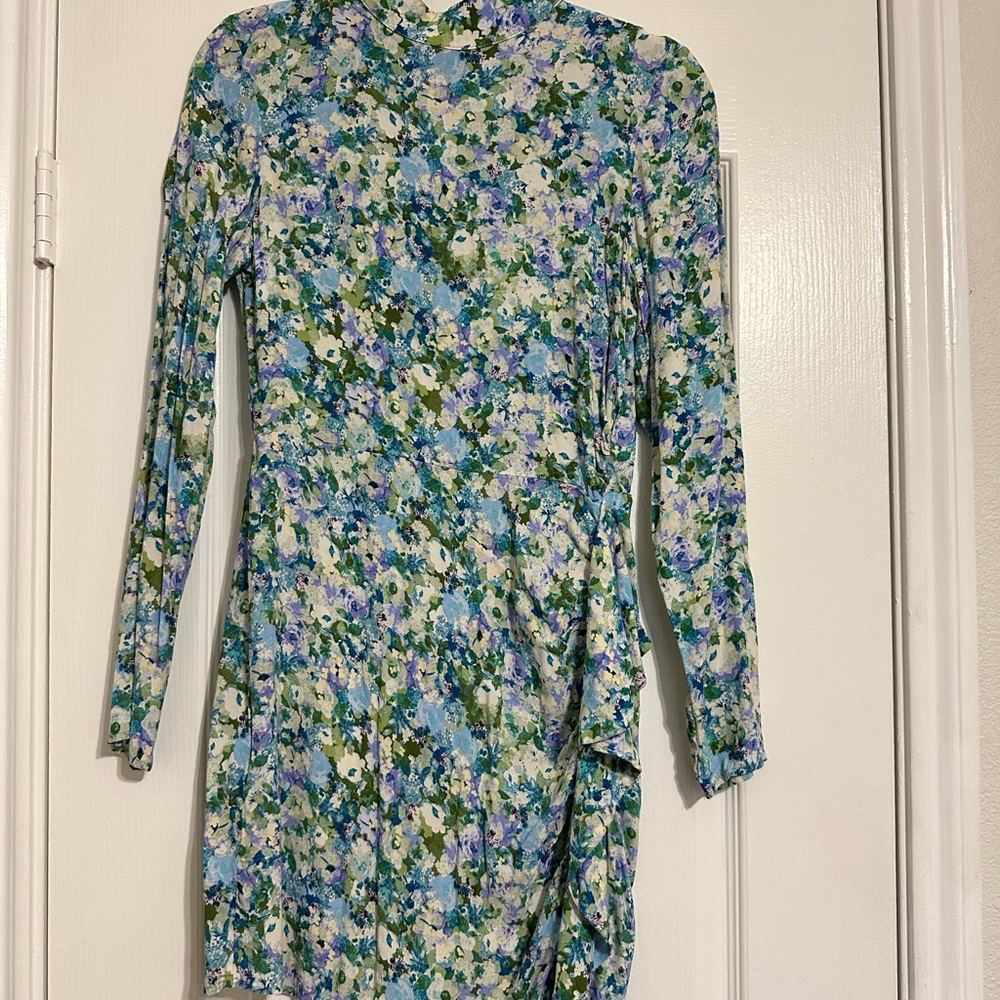 Mango Blue and Green Floral Long Sleeve Dress